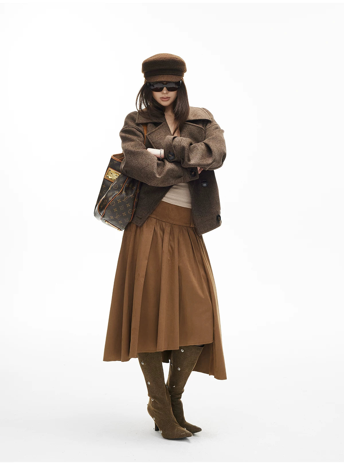 Asymmetric Tier-Pleated Suede Midi Skirt - nightcity clothing