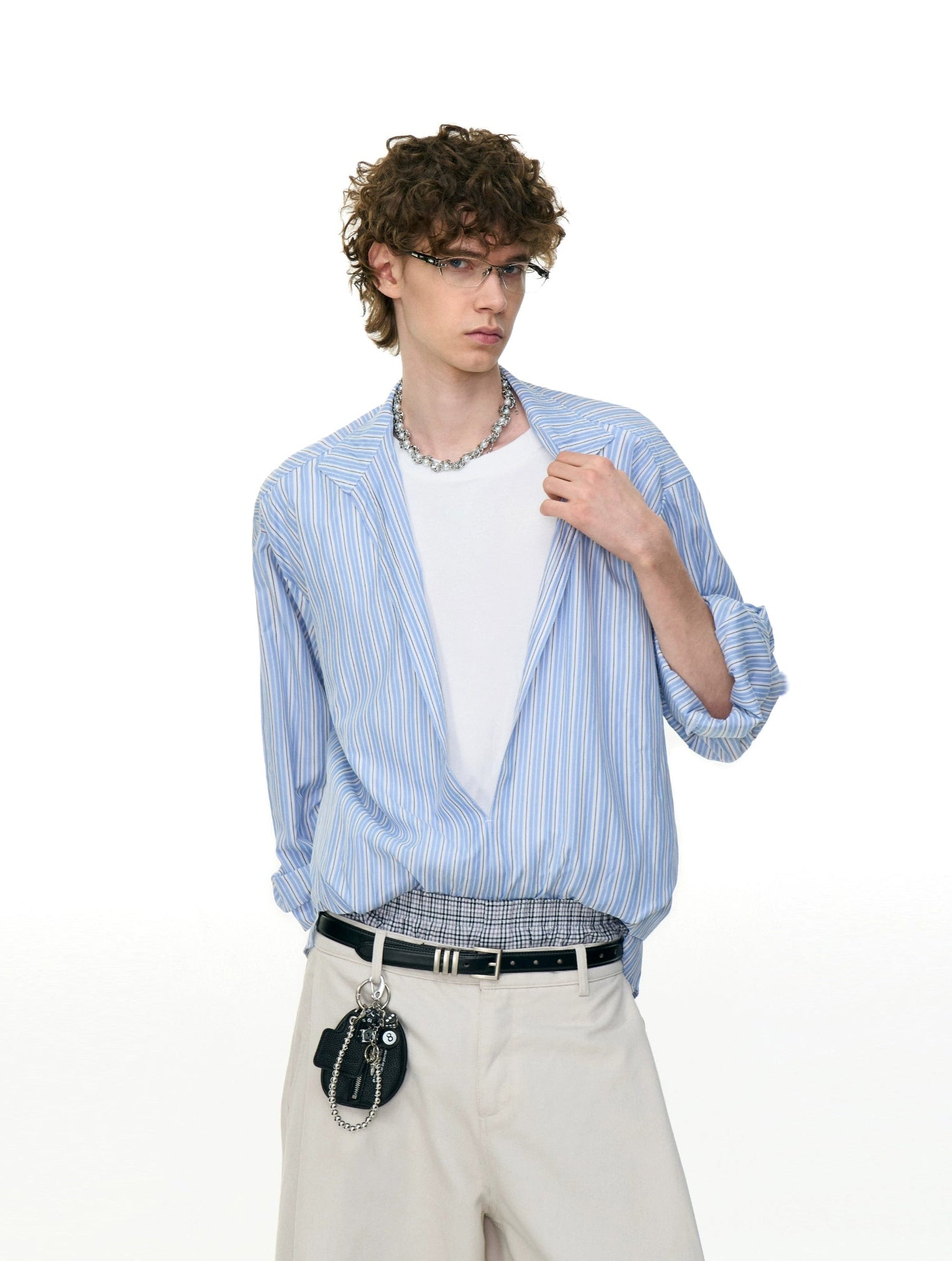Oversized Stripe Buttonless Deep V-Neck Shirt