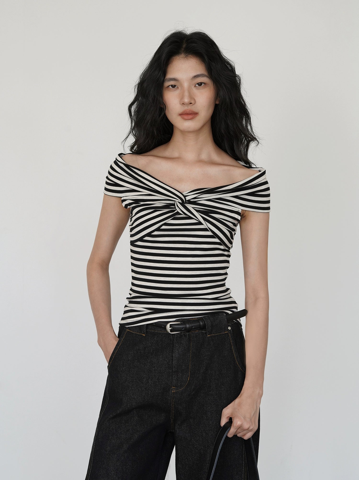 Off Shoulder Twist Front Stripe Top