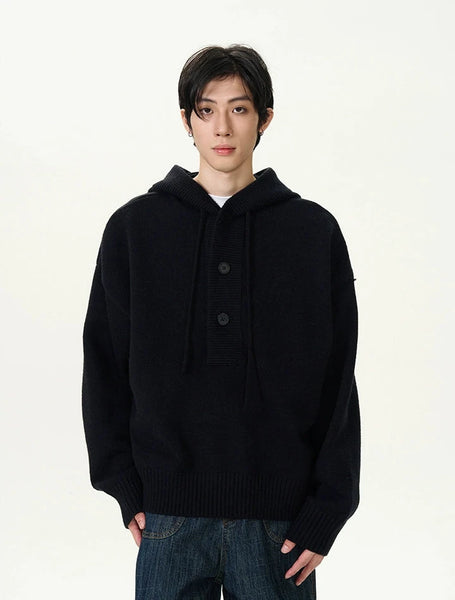 Textured Half Button Ribbed Hem Knit Hoodie Textured Half Button Ribbed Hem Knit Hoodie