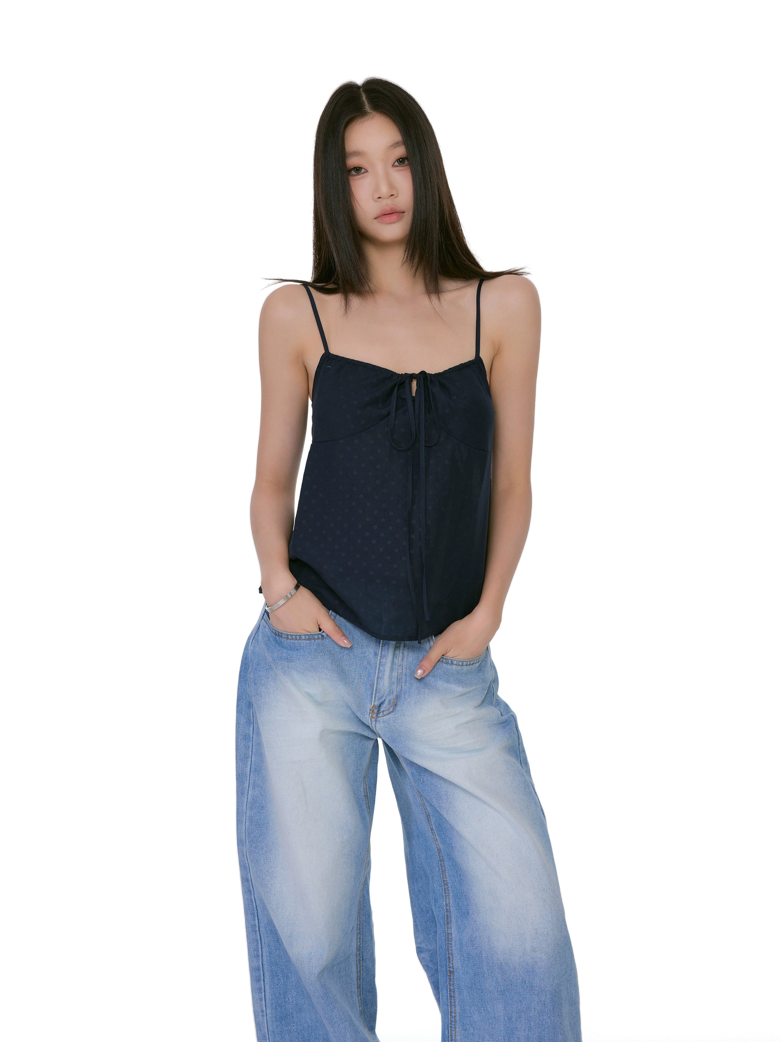 Tie Front Polka Dot Spaghetti Strap Cami Top