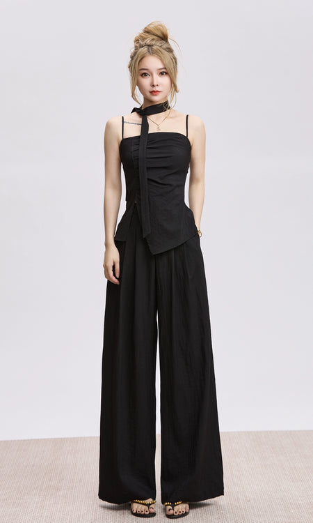 Adjustable Strap Ruched Top with Side Slit and Wide Leg Pleated Pants Two-Piece Set