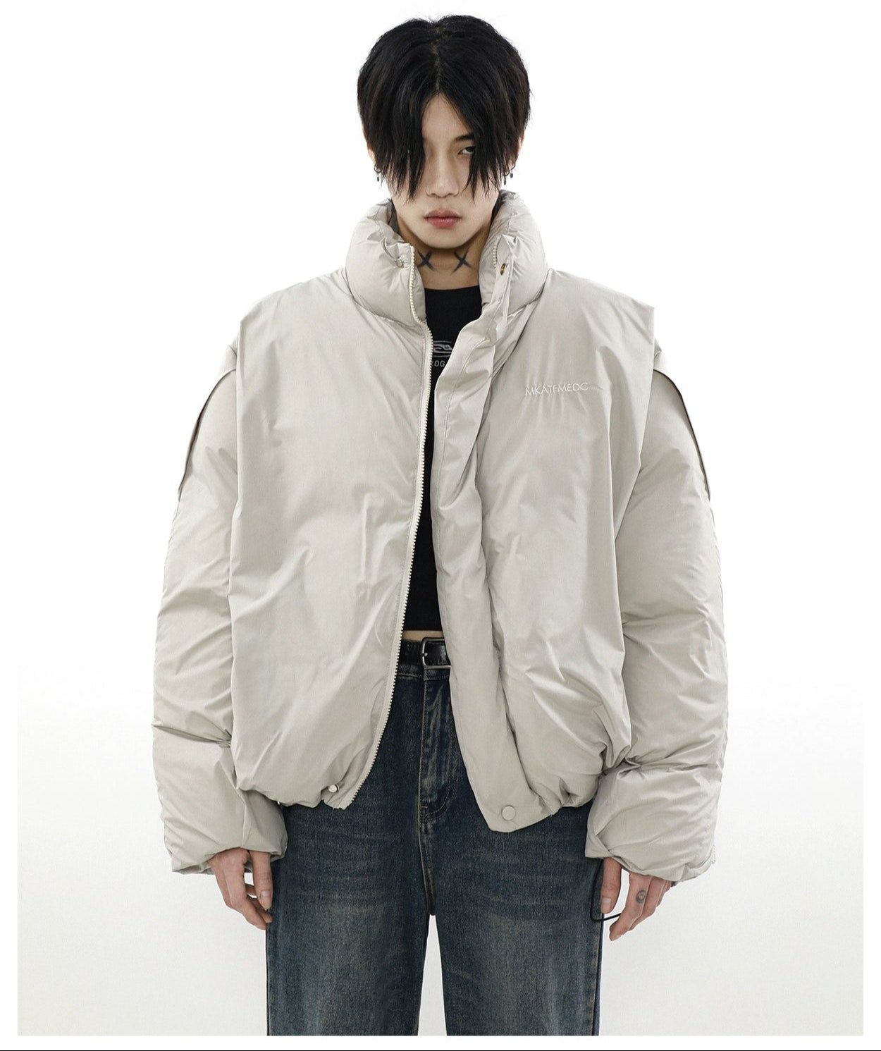 Oversized Puffer Mock-Layered Jacket with High Collar