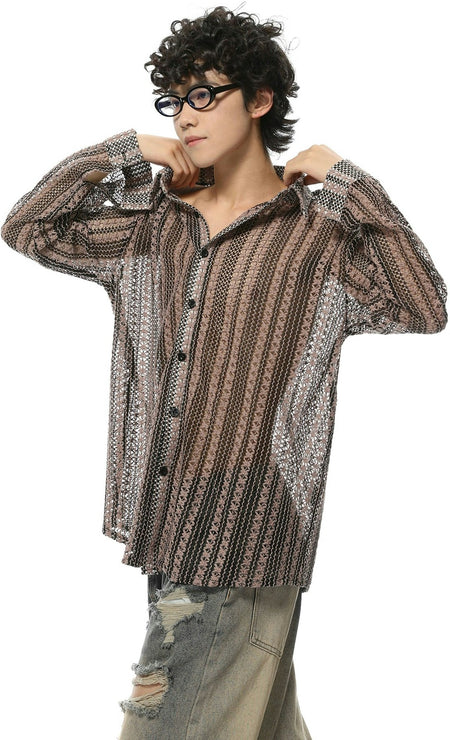 Striped Sheer Button-Up Long Sleeve Shirt