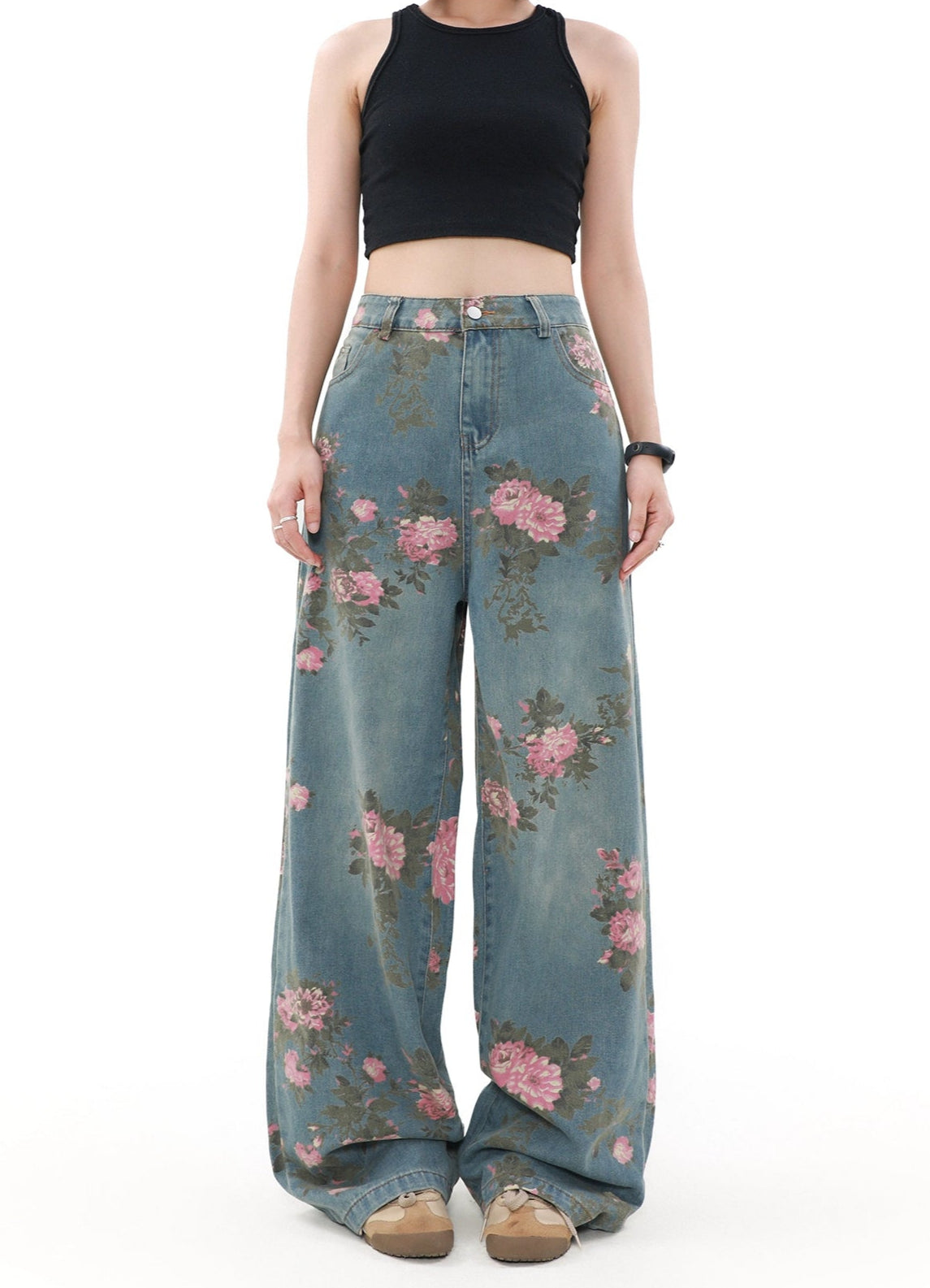 Wide Leg Vintage Floral Print Denim Jeans