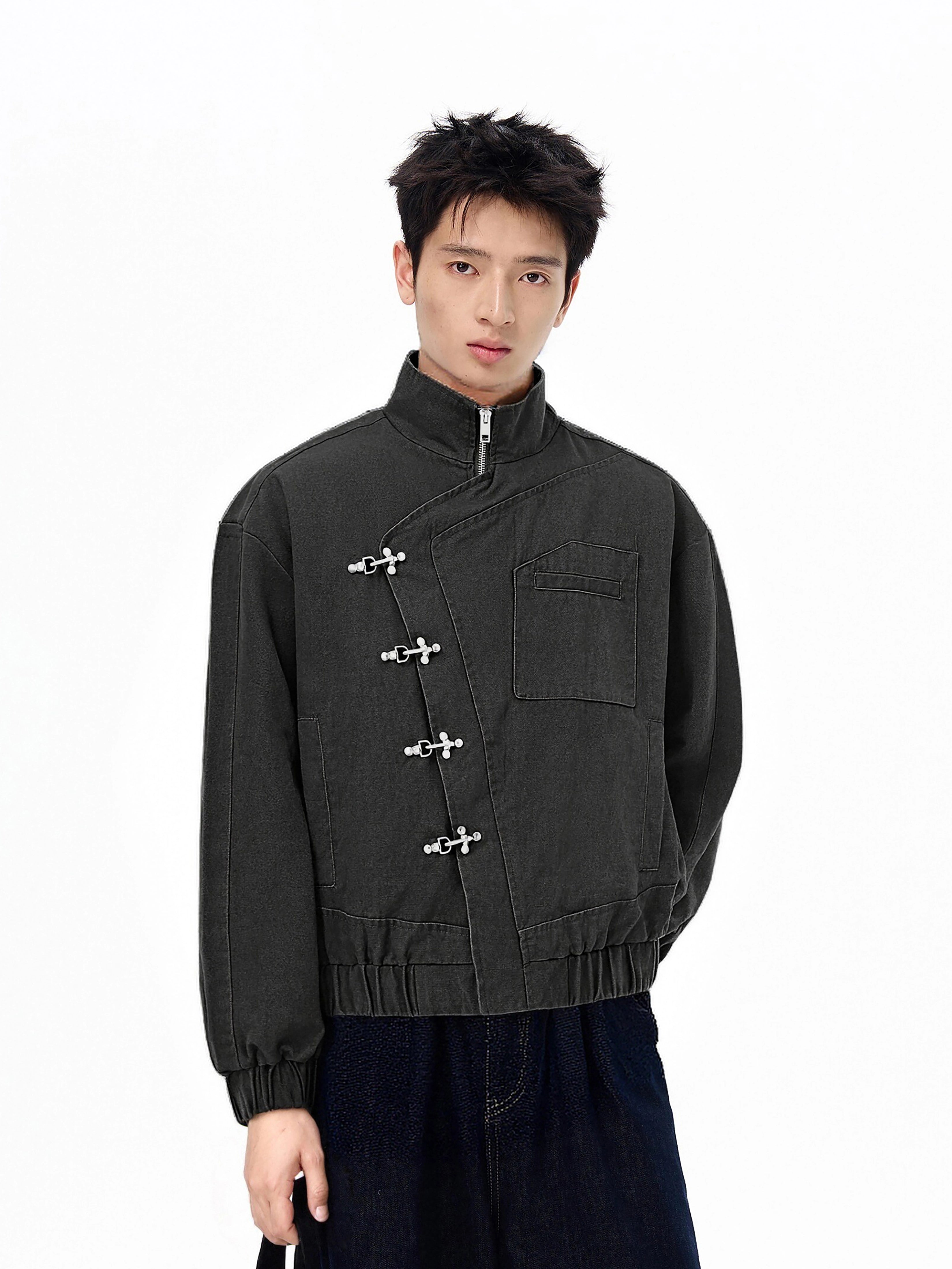 Asymmetric Fireman Buckle Elastic Hem Denim Jacket