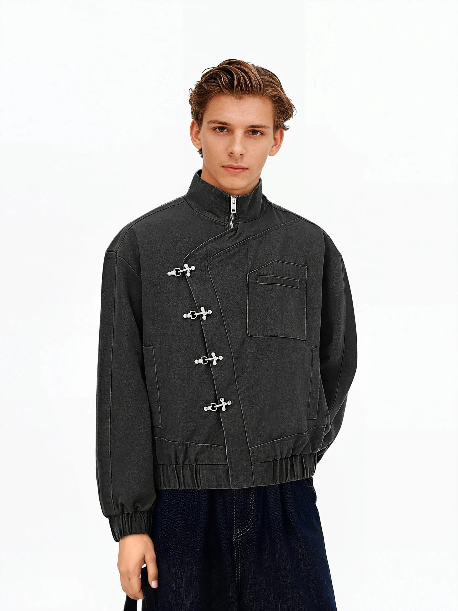 Asymmetric Fireman Buckle Elastic Hem Denim Jacket