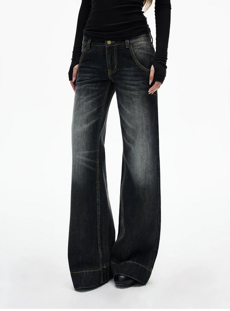 Vintage Faded Dark-Washed Double Button Jeans - nightcity clothing