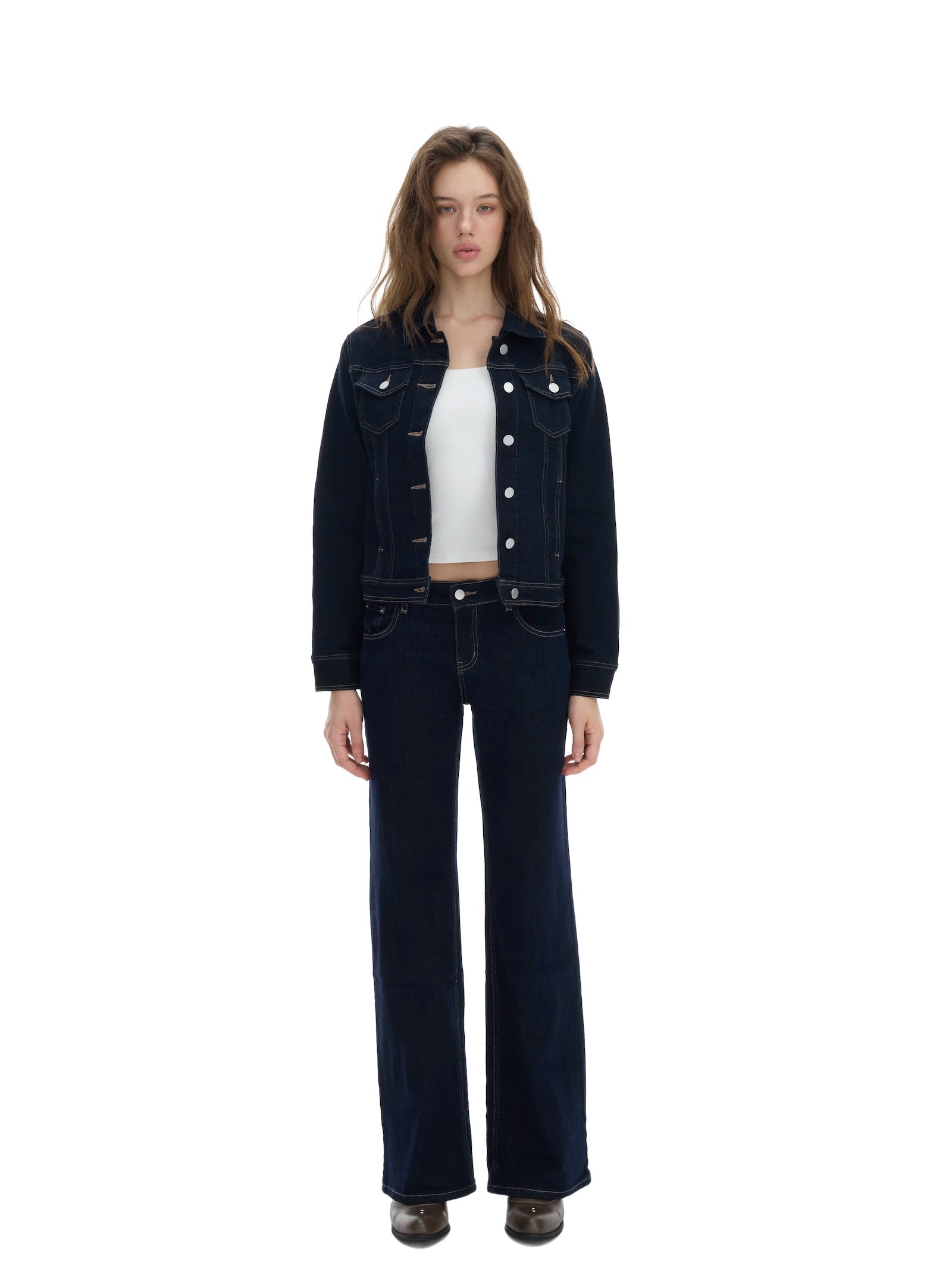 Dark Wash Cropped Denim Jacket and Straight Fit Jeans Two-Piece Set