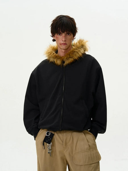 Faux Fur Hooded Zip Jacket with Pockets - nightcity clothing