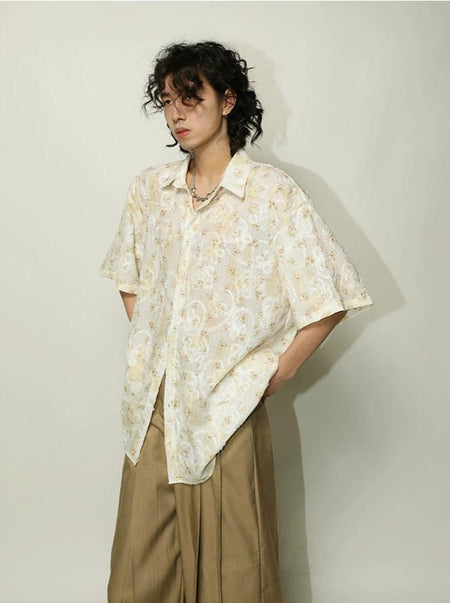 Textured Floral Print Oversized Short Sleeve Shirt