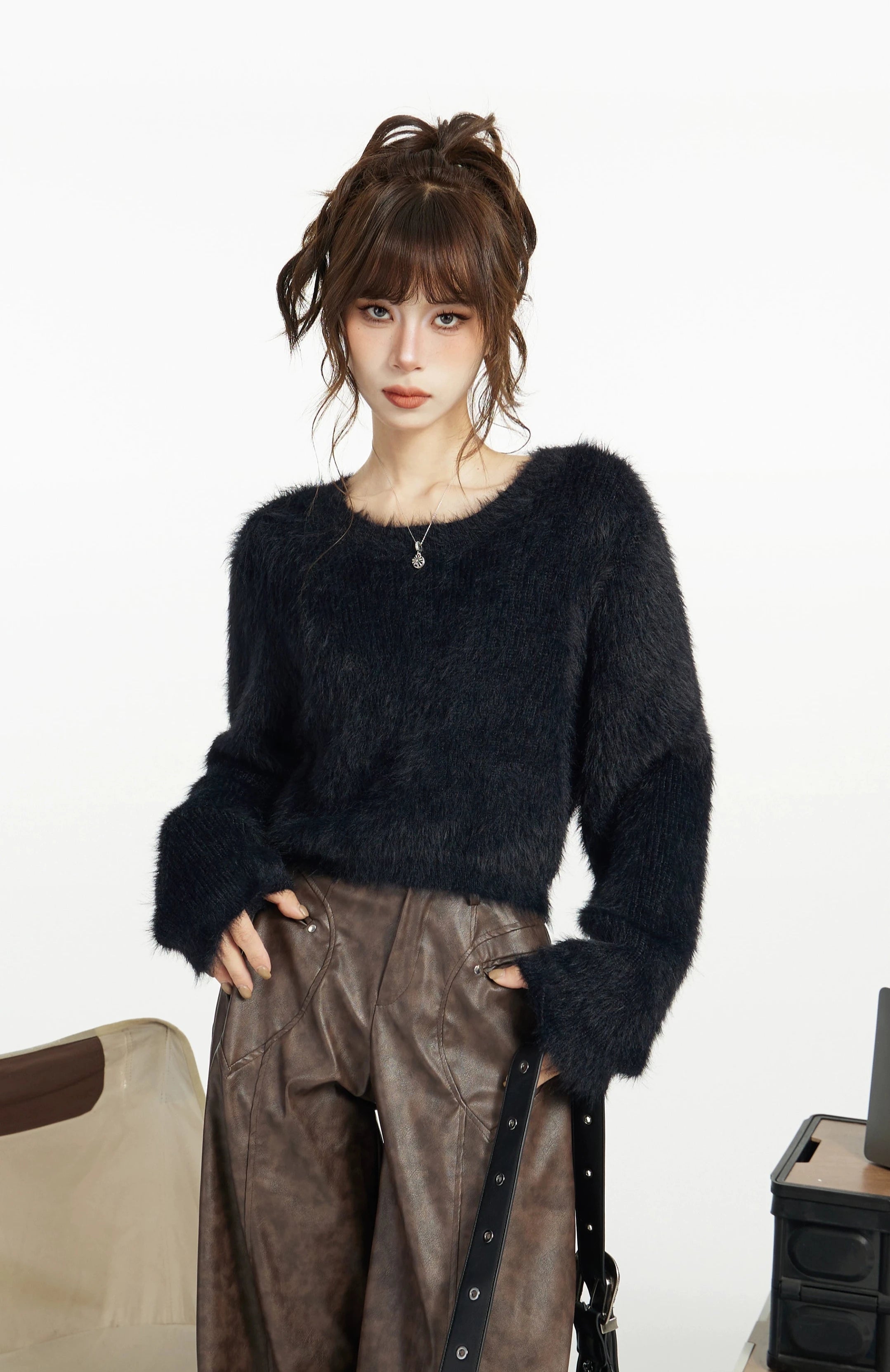 Faux Fur Extra-Cropped Crew-Neck Sweater