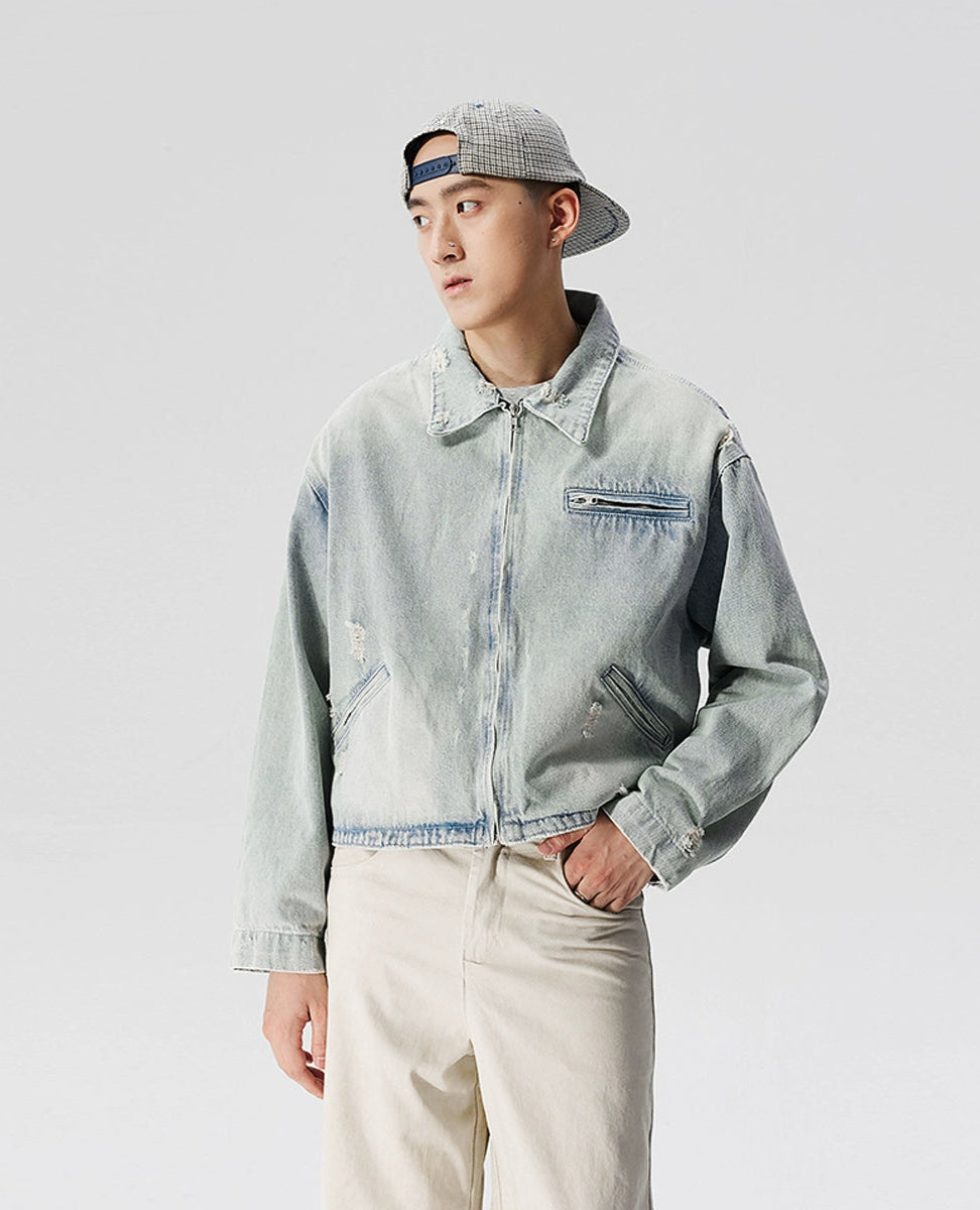 Faded Distressed Mid Crop Denim Jacket