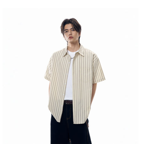 Stripe Textured Short Sleeve Button Shirt with Chest Pocket