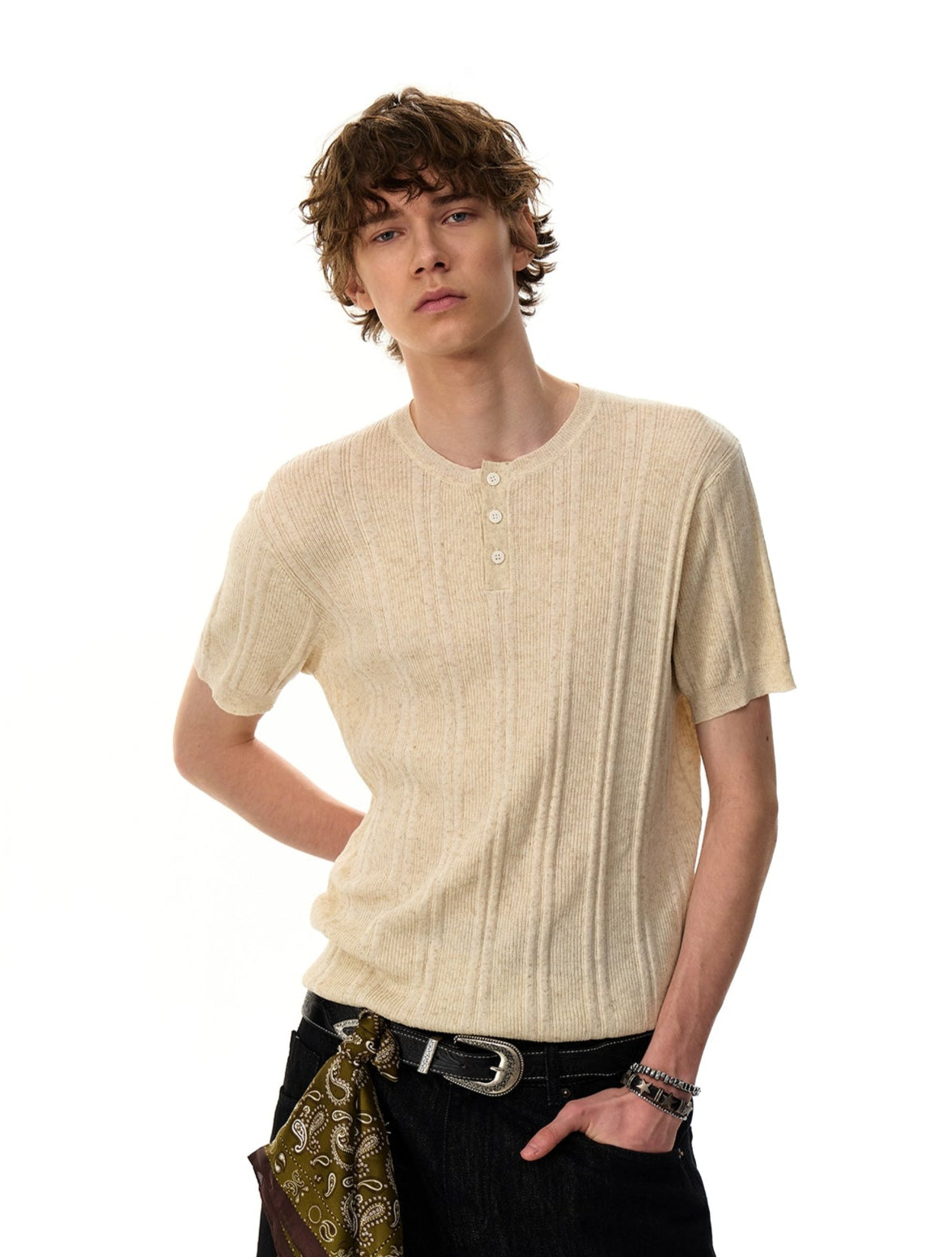 Ribbed Knit Half Button Short Sleeve Shirt