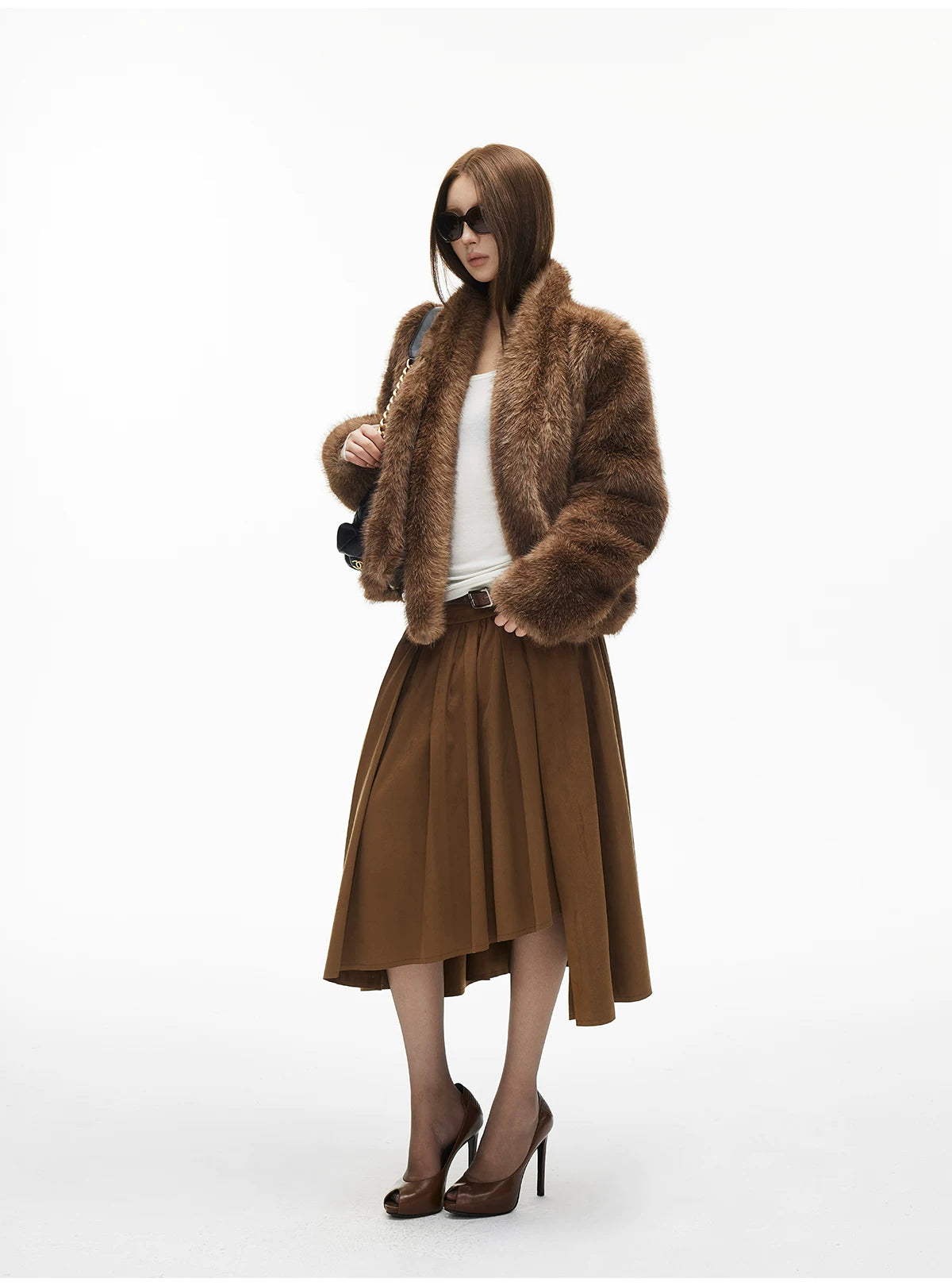Asymmetric Tier-Pleated Suede Midi Skirt - nightcity clothing
