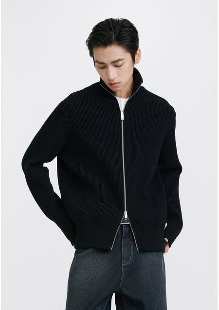 Ribbed Knit Double Zip Jacket with Stand Collar - nightcity clothing