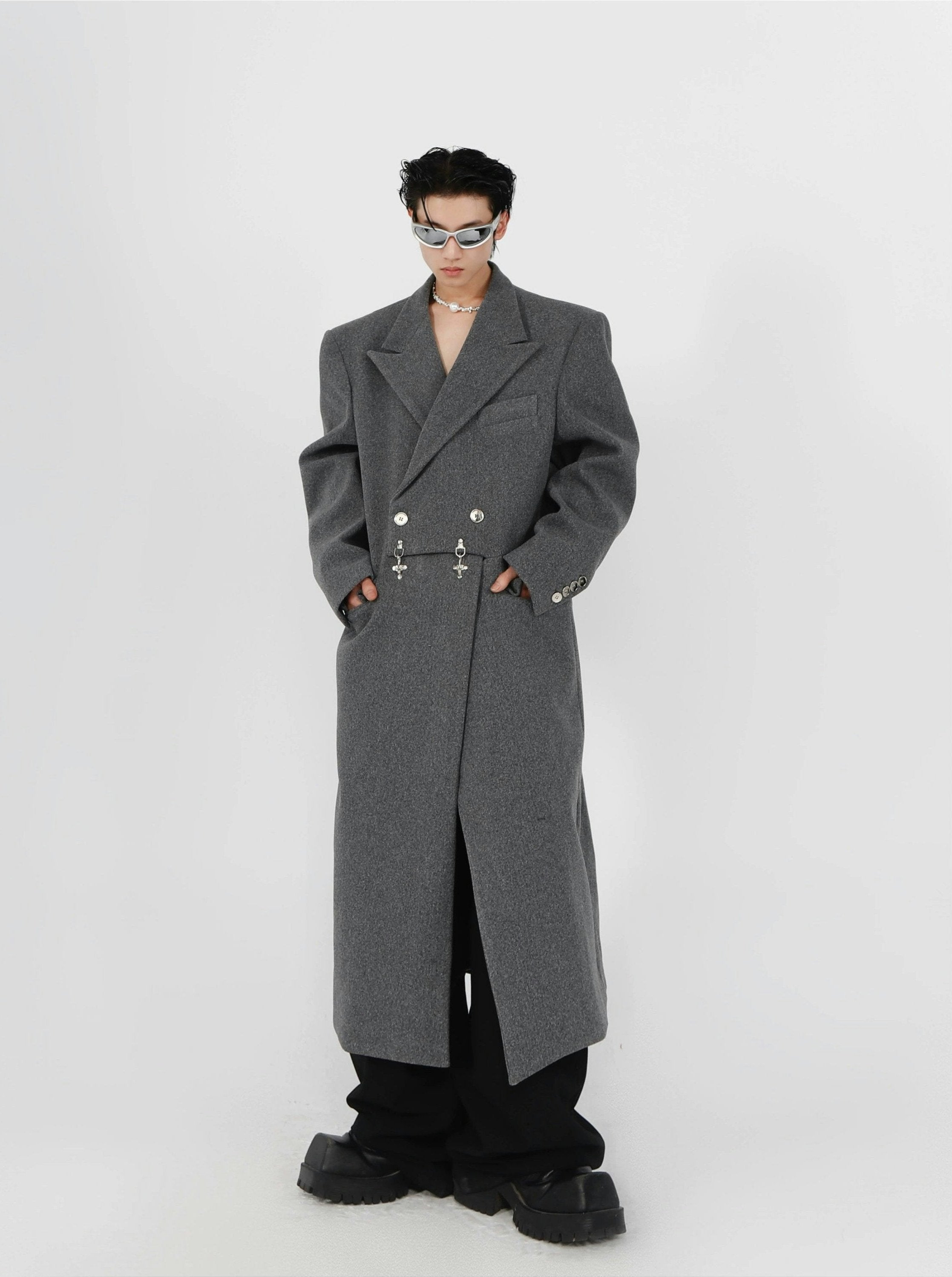 Double-Breasted Boxy Trench Coat with Metal Buckle