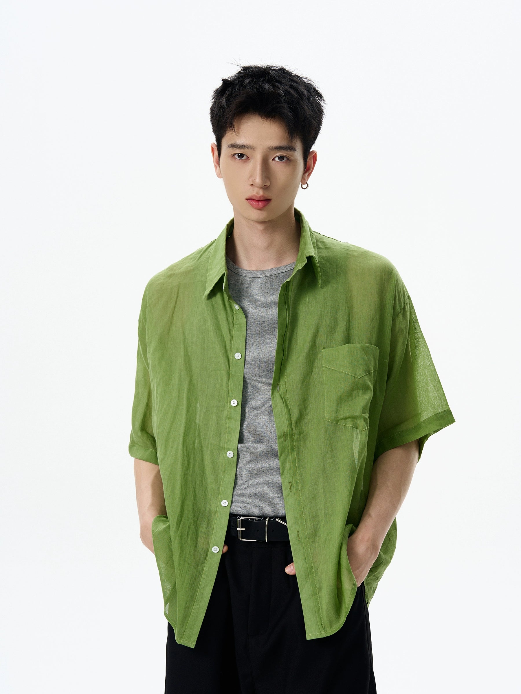 Oversized Sheer Short Sleeve Button Shirt with Chest Pocket