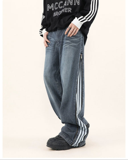 Wide-Leg Side Stripe Denim Zippered Jeans