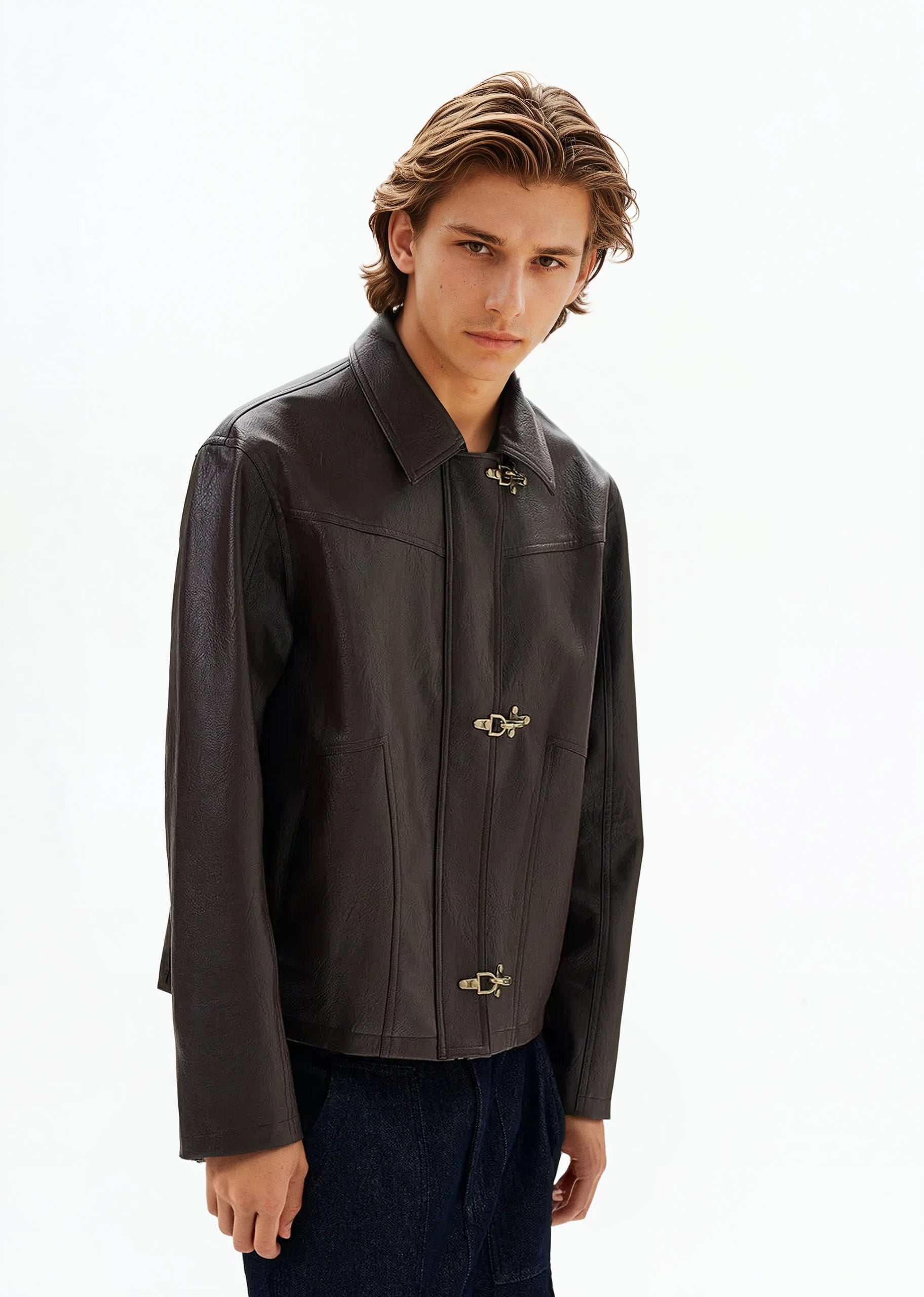 Fireman Buckle Mid-Crop Faux Leather Jacket