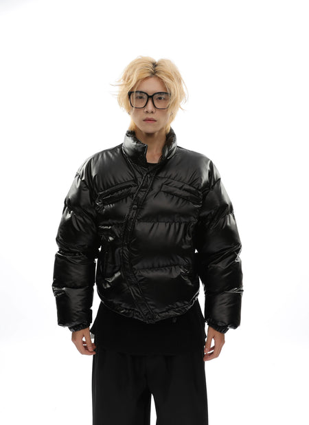 Curve-Hem Faux Leather Puffer Jacket - nightcity clothing