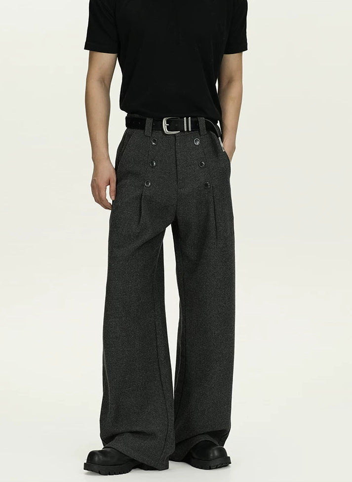 High-Waisted Pleated Wide Leg Trousers with Button Details
