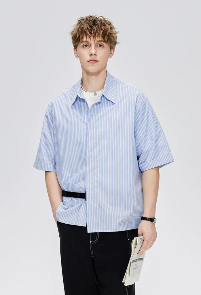 Oversized Retro Stripe Short Sleeve Shirt with Side Buttons