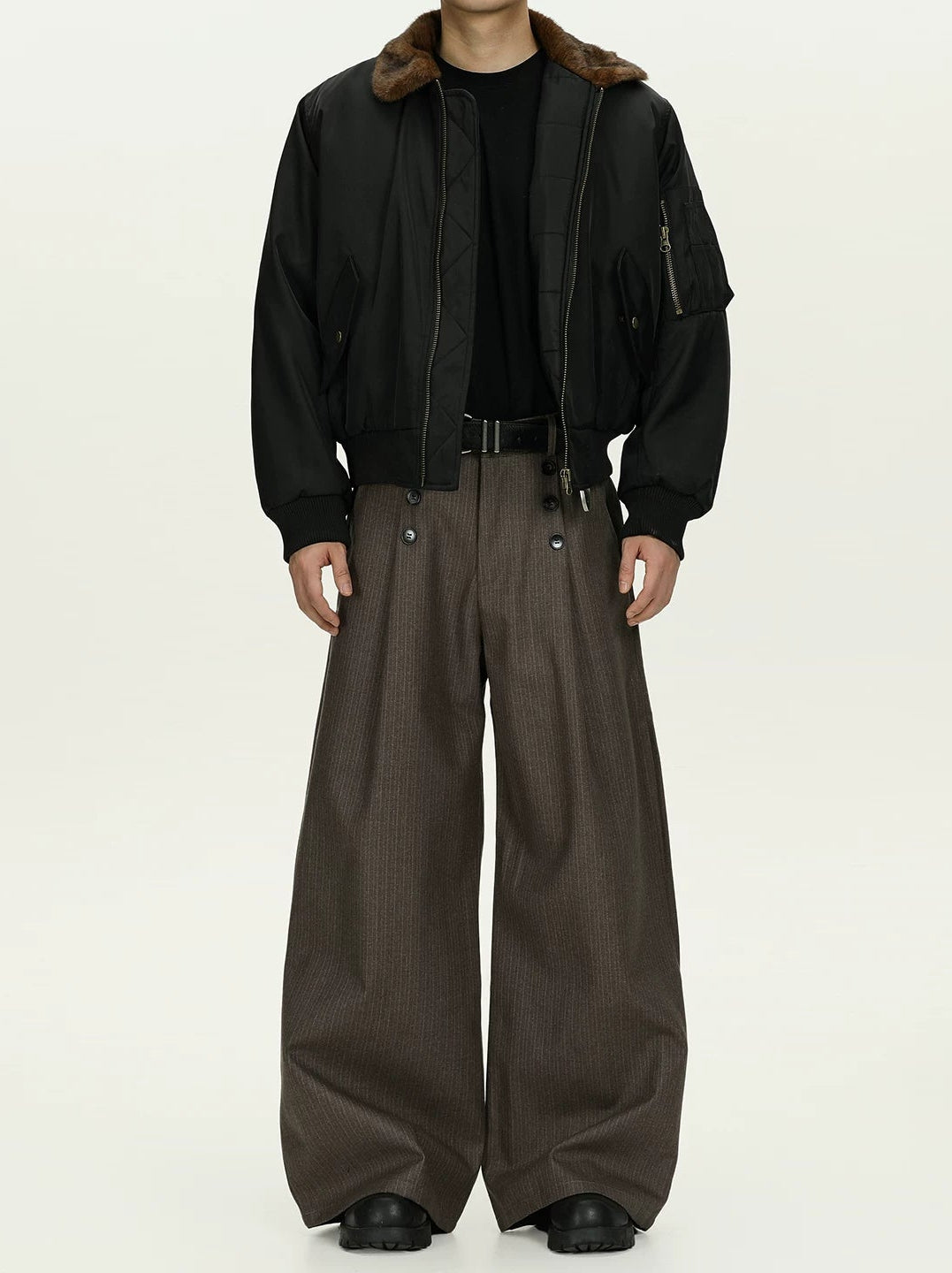 High Waist Double Button Pleated Pinstripe Pants