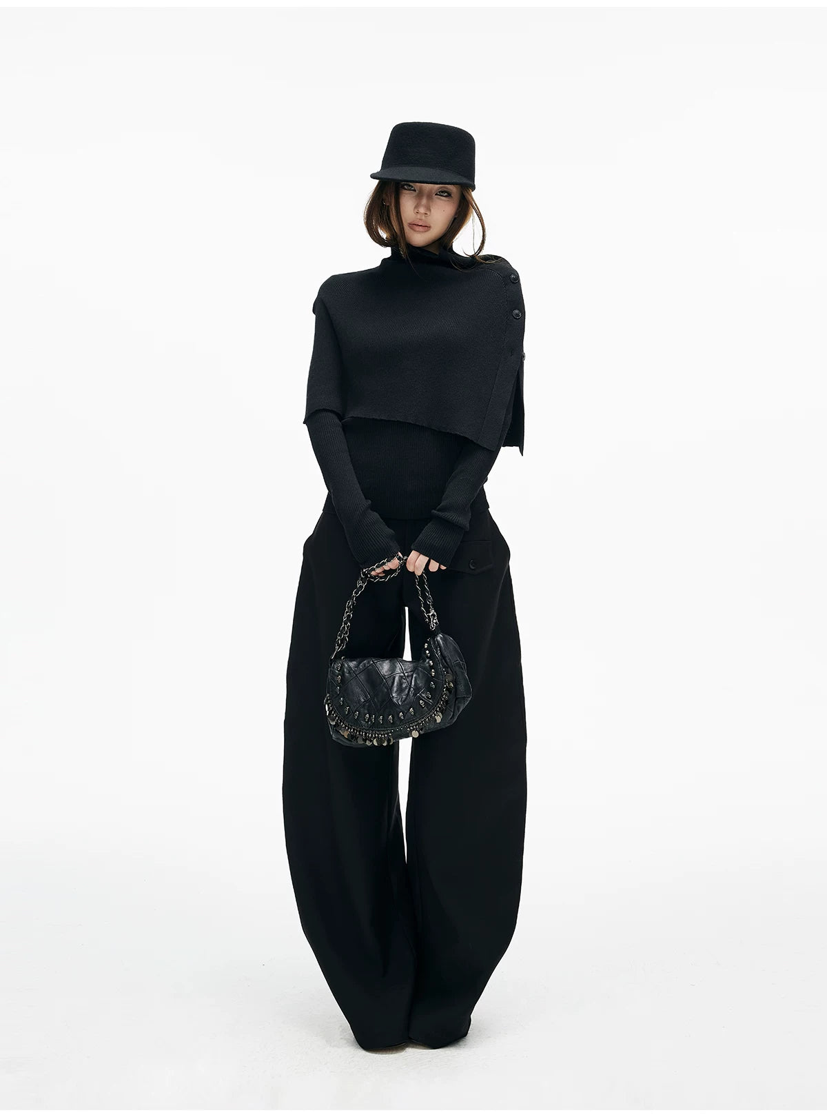 Slim Knit Long Sleeve Top with Removable Button Cape - nightcity clothing