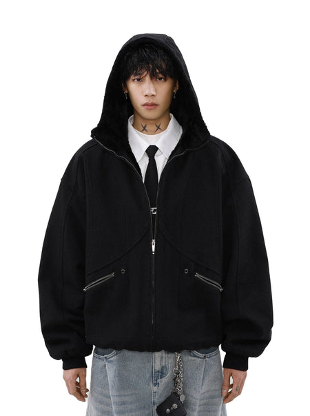 Sherpa-lined Hooded Suede Bomber Jacket