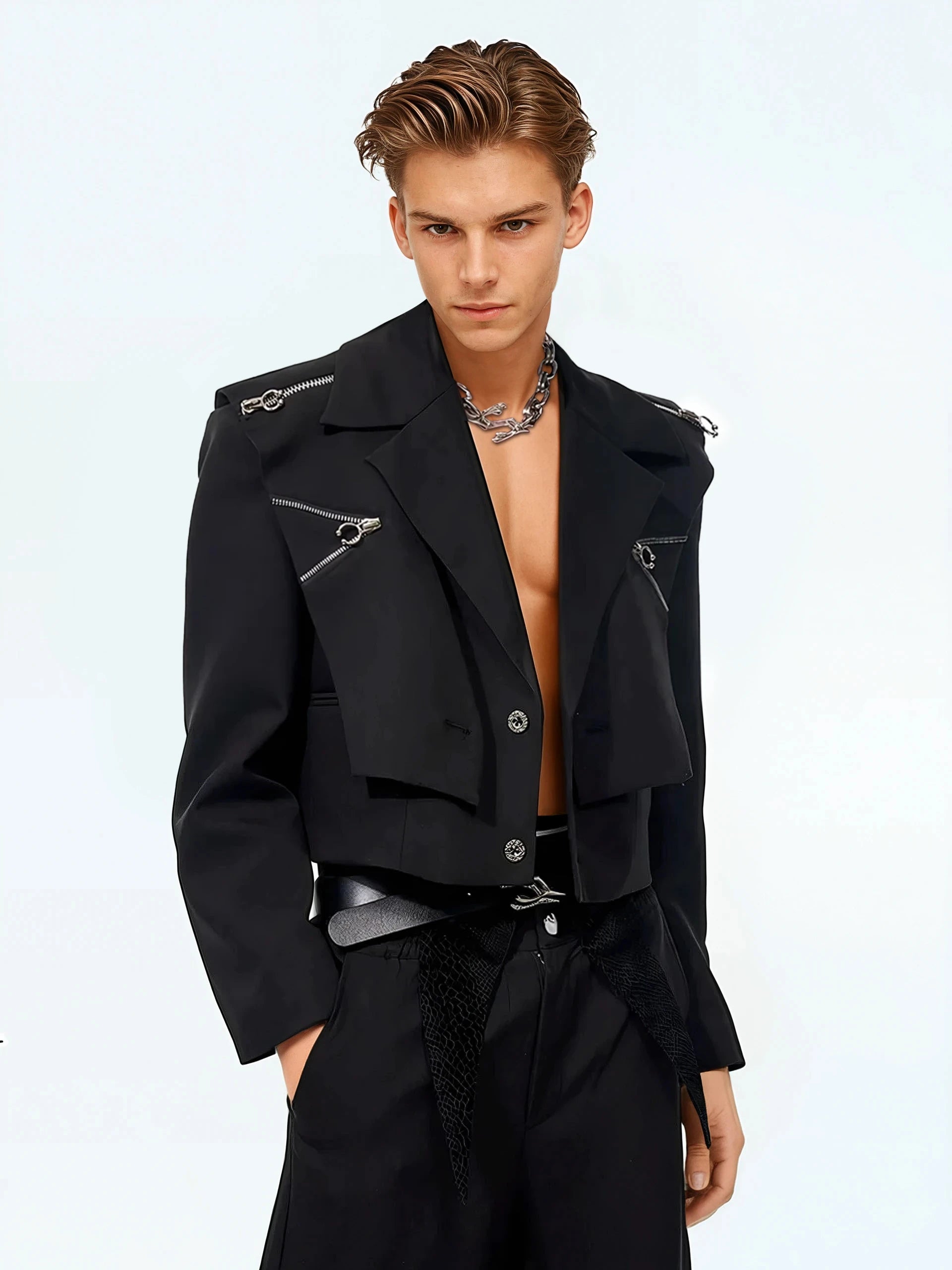 Oversized Cropped Blazer Jacket with Zip Details