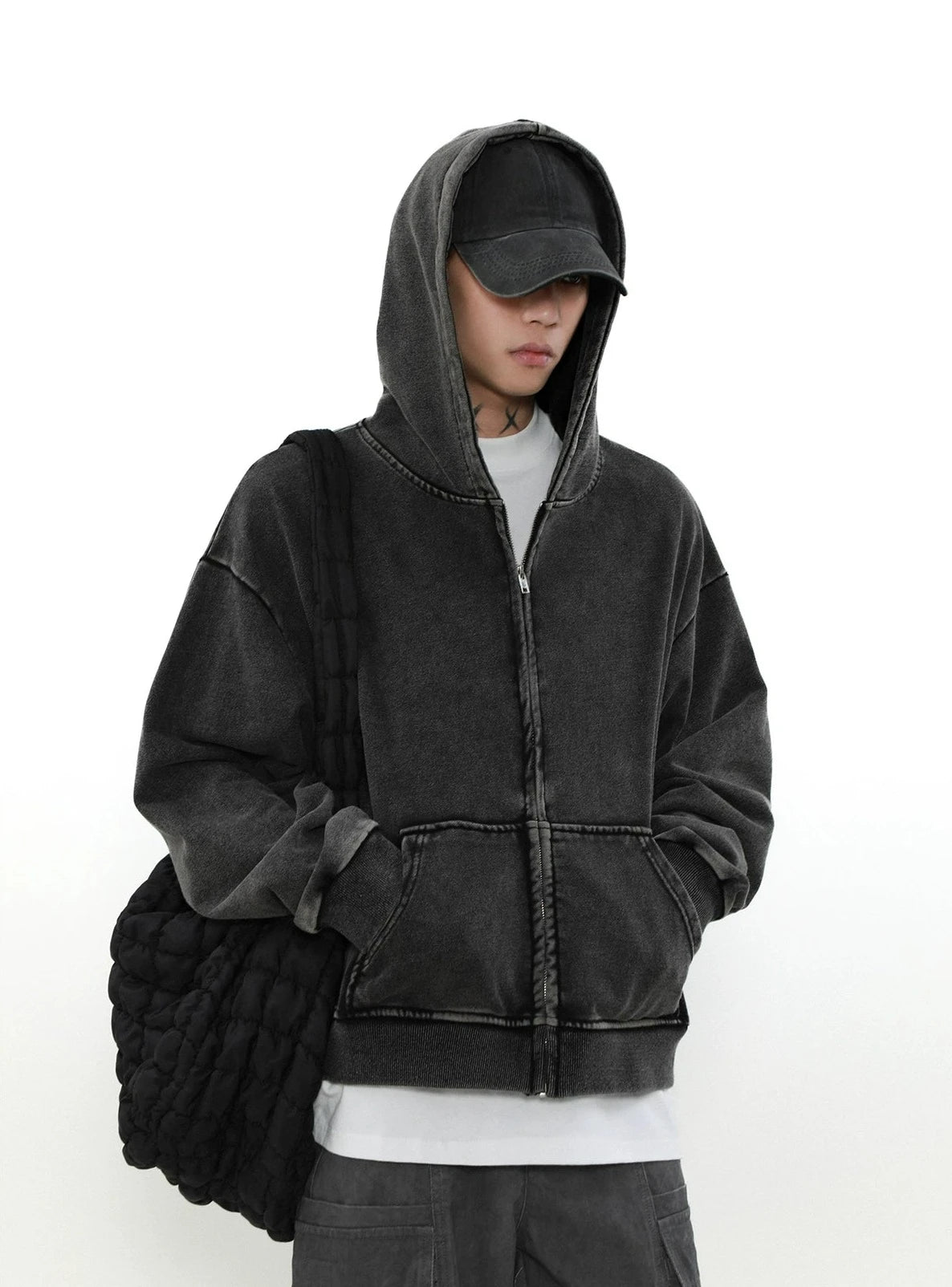 Oversized Faded Mid-Crop Boxy Zip-Up Hoodie - Main Image