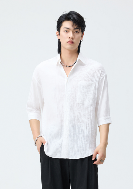Crinkle Oversized Cropped-Sleeve Button-Up Shirt