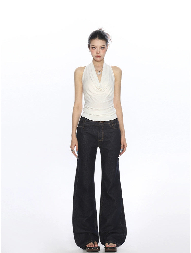 Halter Neck Drape Ribbed Knit Sleeveless Top