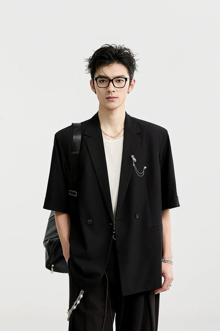Single Breasted Short Sleeve Blazer with Chain Brooch Detail - nightcity clothing