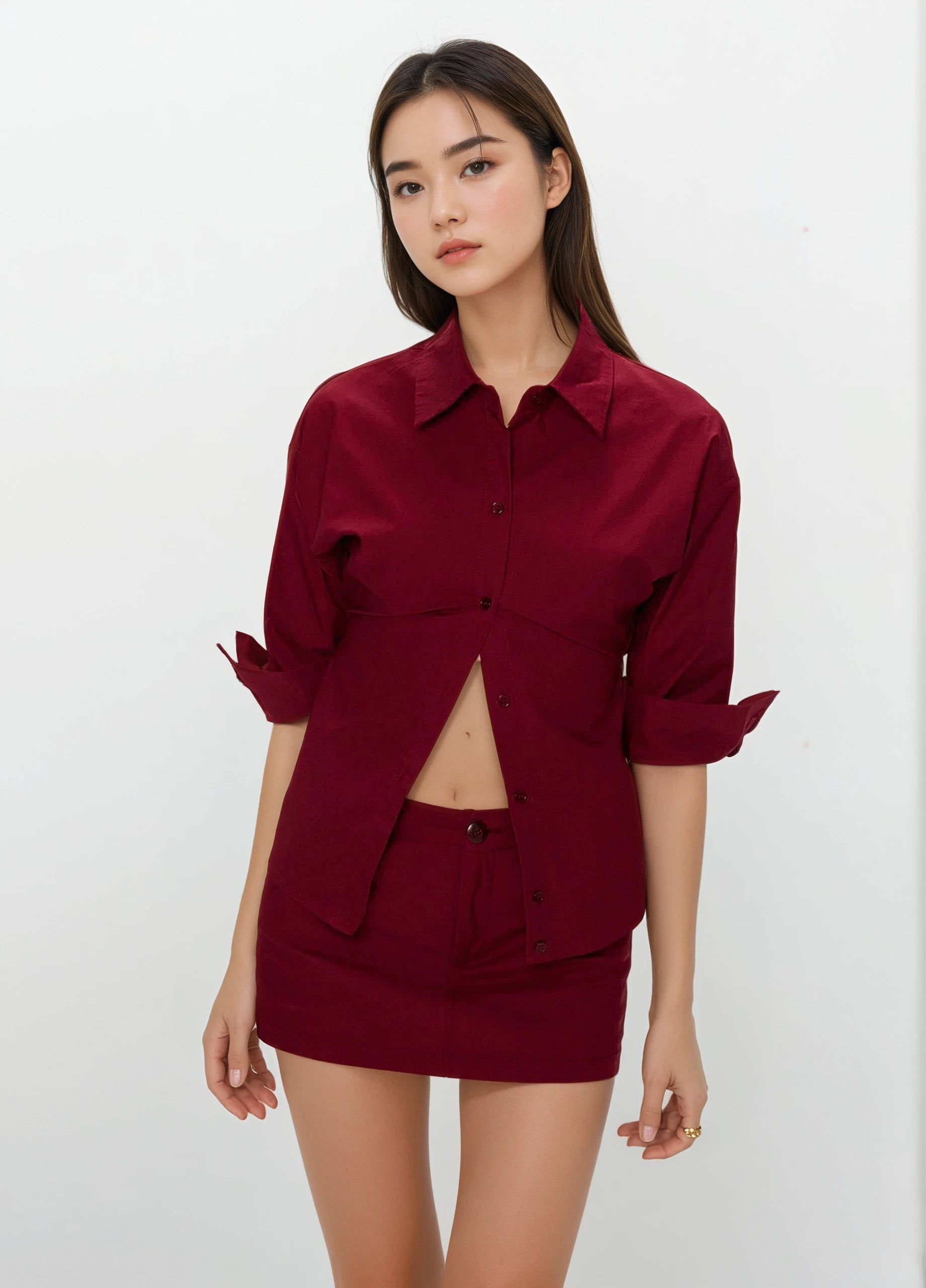 Button-Up 3/4 Sleeve Shirt and Mini Skirt Two-Piece Set