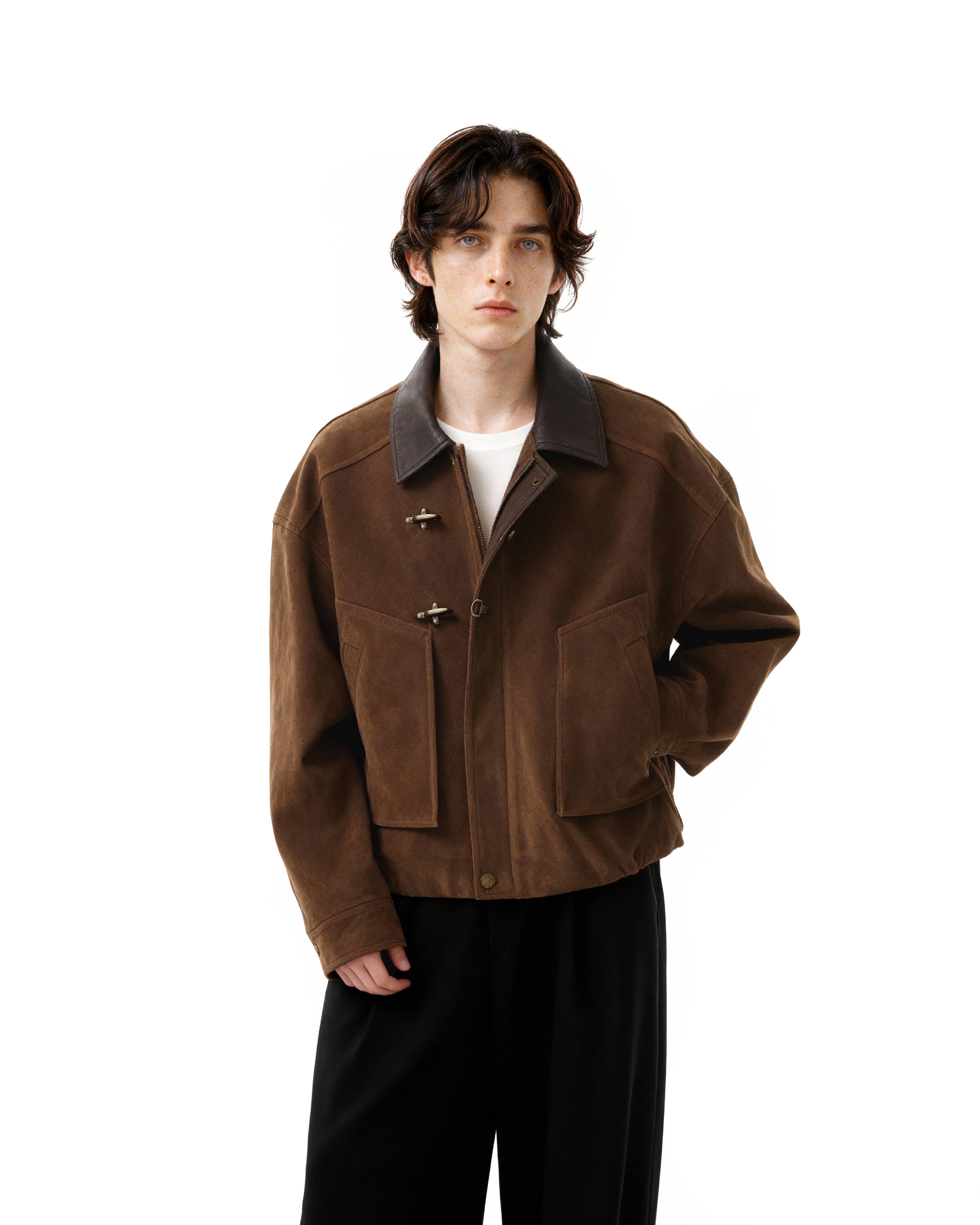 Contrast Faux-Leather Collar Fireman Buckle Suede Jacket