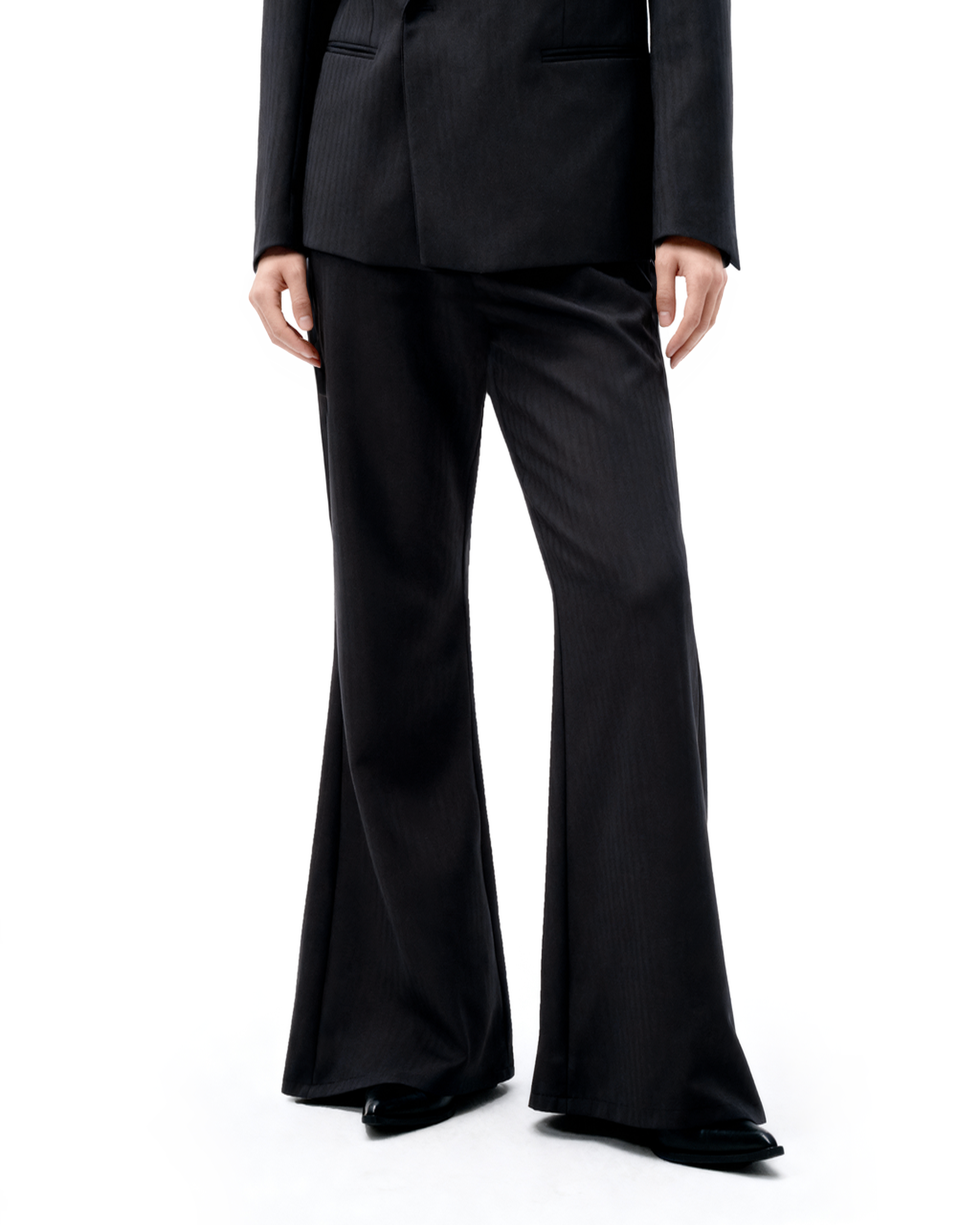 Overlap Stripe-Texture Wide Lapel Blazer and Flare Trousers Suit-7