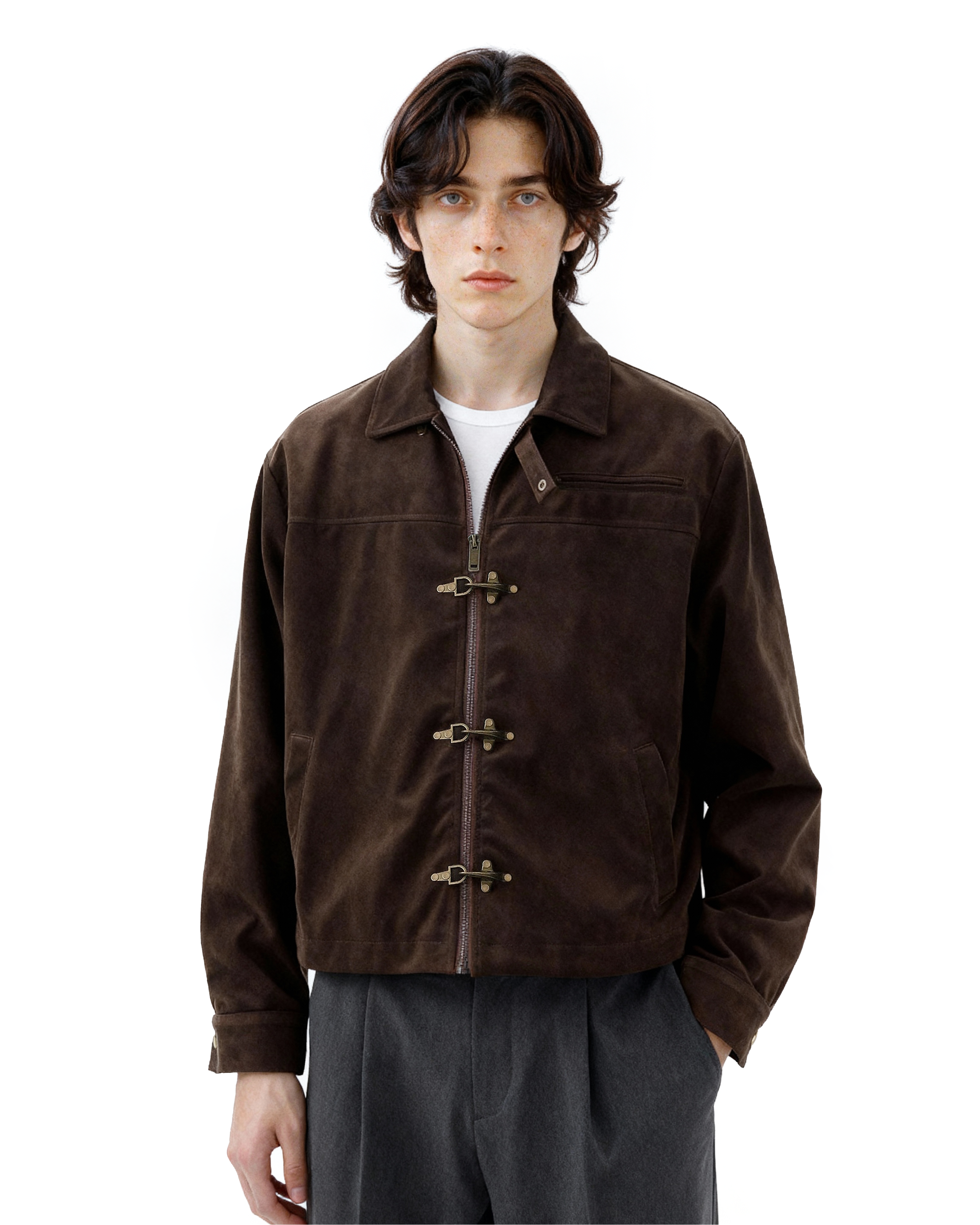 Fireman Buckle Mid-Crop Worker Suede Jacket