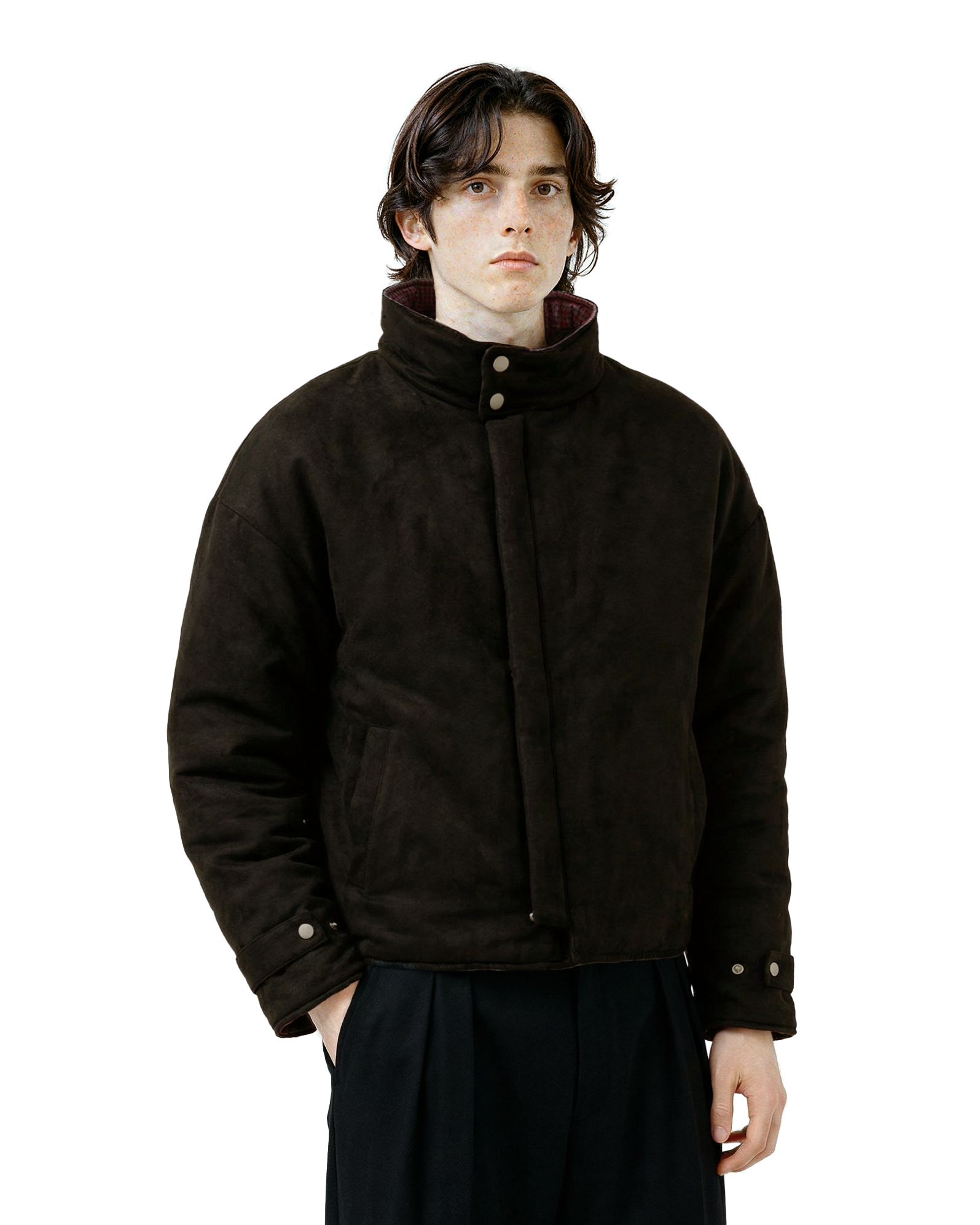 Wide High Collar Plaid Reversible Puffer Jacket-8