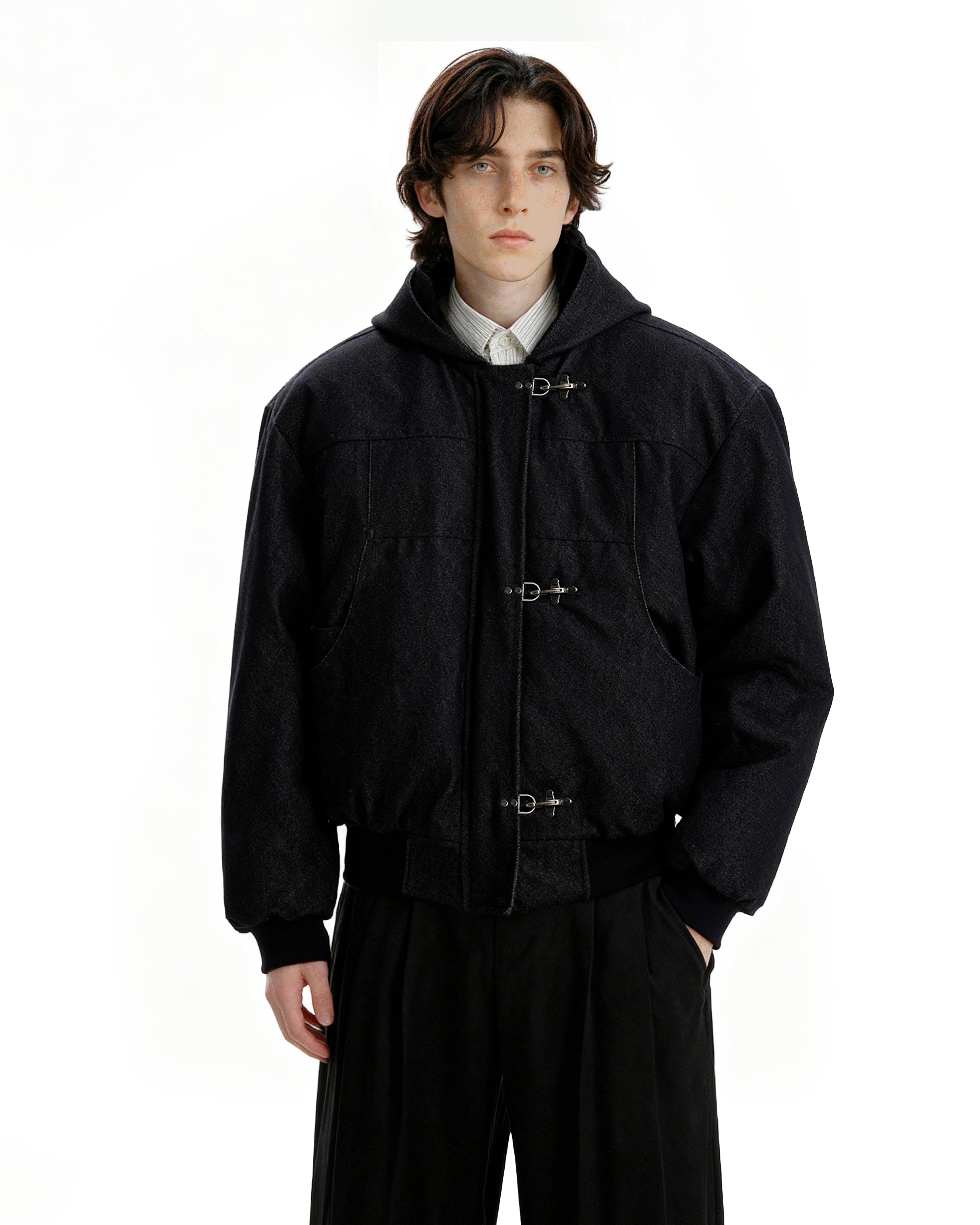 Boxy Fireman Clasp Hooded Dark-Wash Denim Zip Jacket