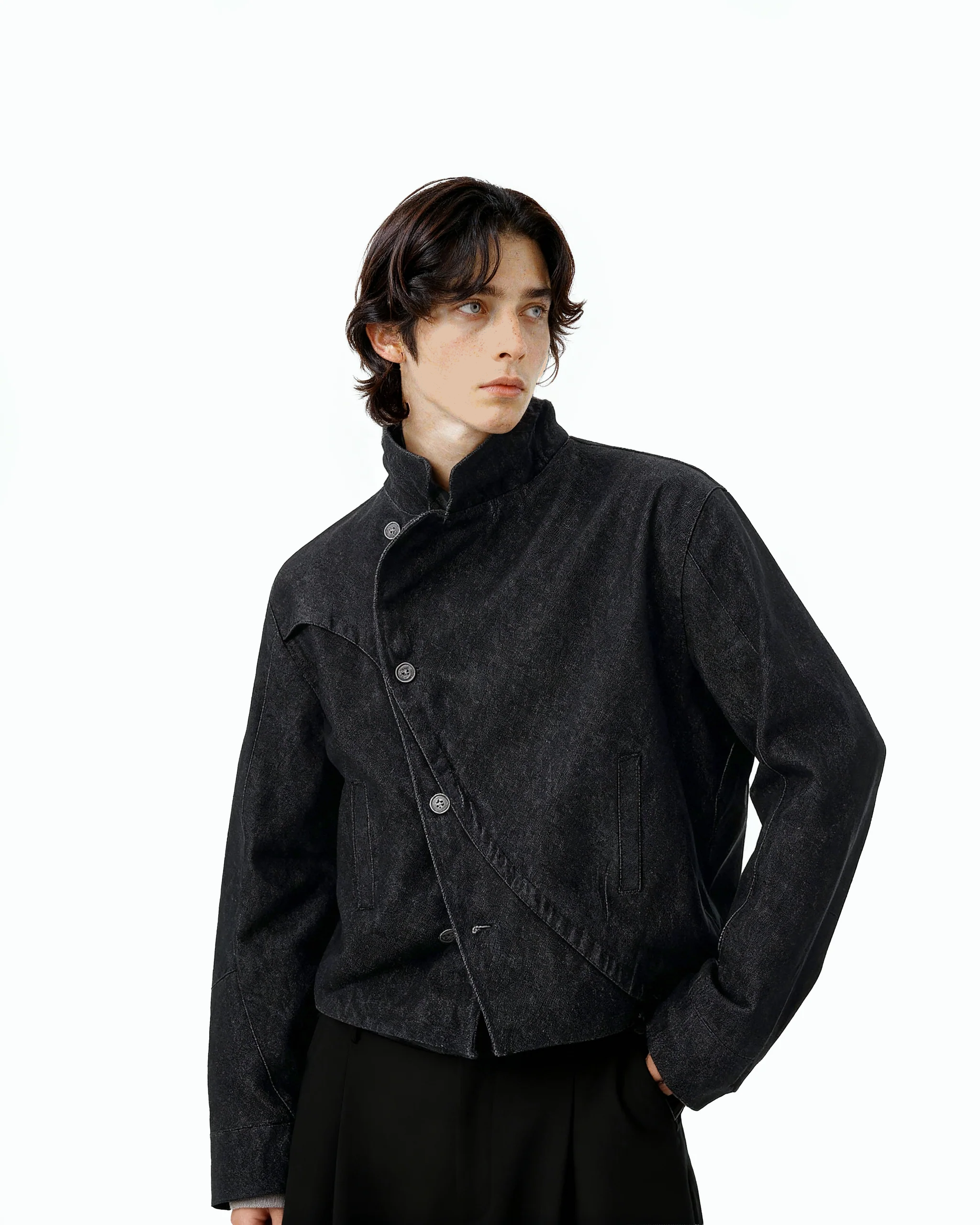 Overlap Asymmetric-Button Fencing Denim Jacket