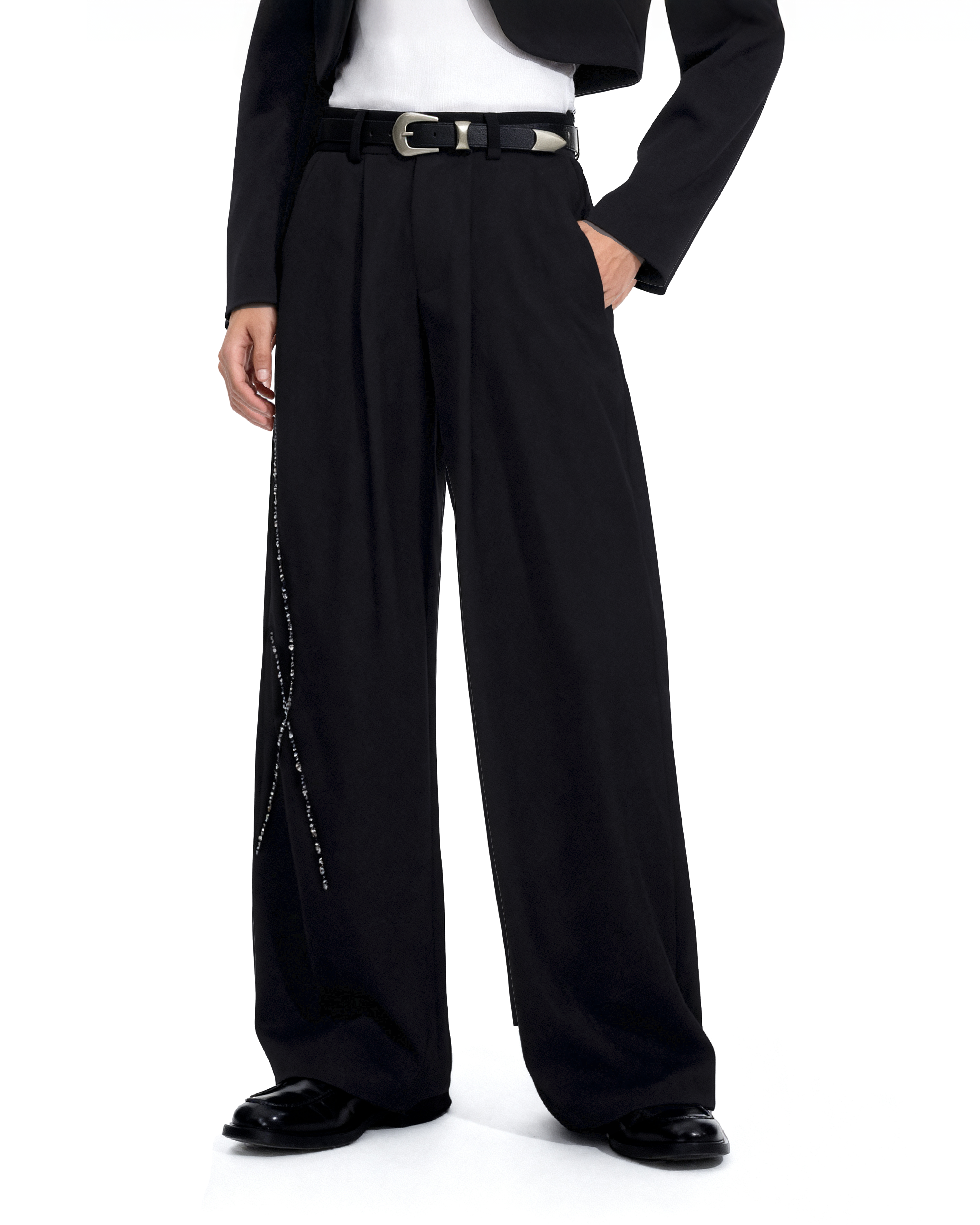 Structured Curve-Panel Cropped Blazer with Embellished Detailing and Wide Leg Pants Two-Piece Set - nightcity clothing
