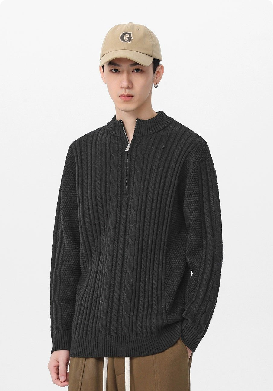 Cable Knit Zip-Up Mock Neck Sweater