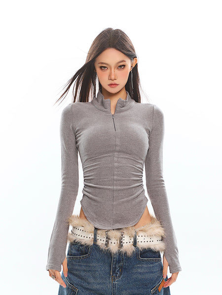 Skinny Zip Front Long Sleeve Collared Running Top