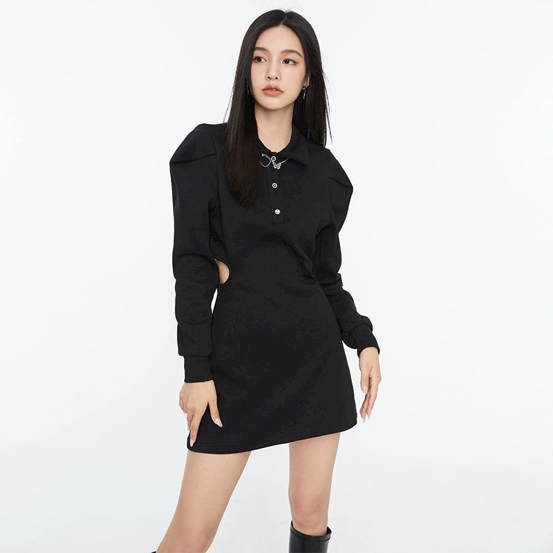 Collared Long Sleeve Side-Cutout Mini Shirt Dress