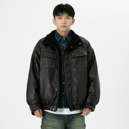 Vintage Washed Faux Leather Jacket with Flap Pockets