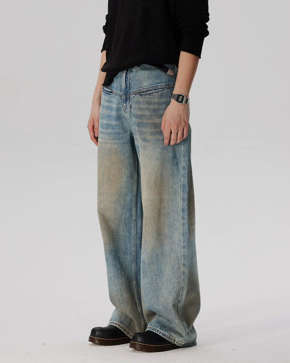 Faded Panelled Sandblast Wide Leg Jeans