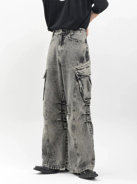 Acid Wash Cargo Pocket Wide-Leg Jeans